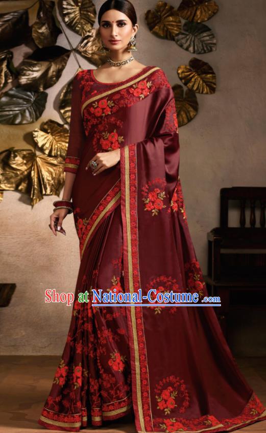 Traditional Indian Saree Bollywood Wine Red Satin Sari Dress Asian India National Festival Costumes for Women