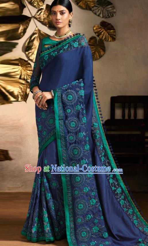 Traditional Indian Saree Bollywood Navy Satin Sari Dress Asian India National Festival Costumes for Women