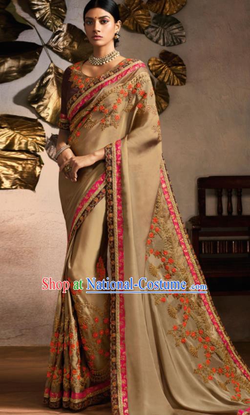 Traditional Indian Saree Bollywood Khaki Satin Sari Dress Asian India National Festival Costumes for Women