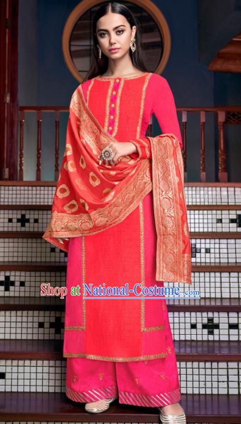 Asian Indian Punjabis Embroidered Pink Tussar Silk Blouse and Pants India Traditional Lehenga Choli Costumes Complete Set for Women