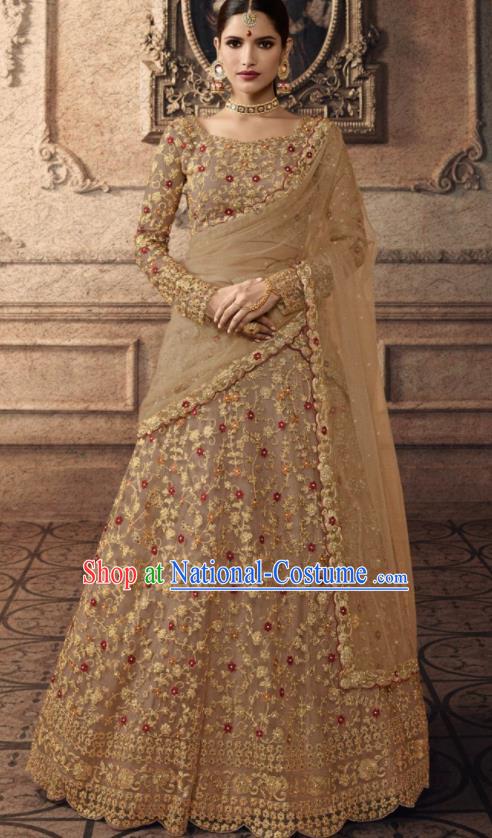 Traditional Indian Lehenga Embroidered Apricot Dress Asian India National Festival Costumes for Women