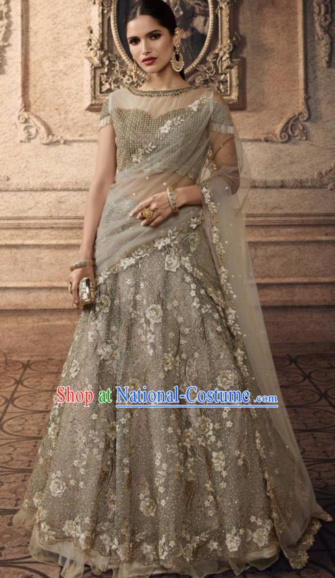 Traditional Indian Lehenga Embroidered Grey Dress Asian India National Festival Costumes for Women