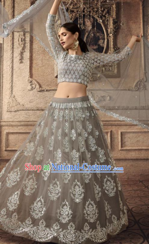 Traditional Indian Lehenga Embroidered Grey Dress Asian India National Festival Costumes for Women