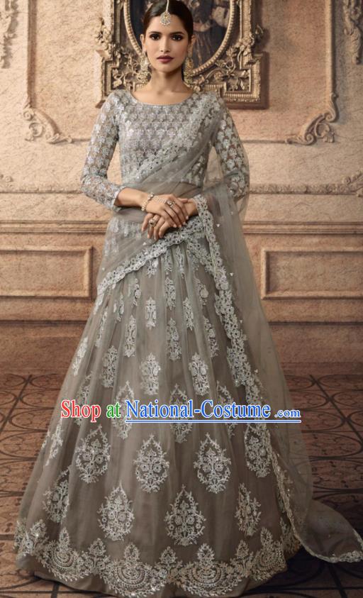 Traditional Indian Lehenga Embroidered Grey Dress Asian India National Festival Costumes for Women