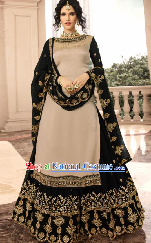 Asian Indian Punjabis Khaki Satin Blouse and Black Skirt India Traditional Lehenga Choli Costumes Complete Set for Women