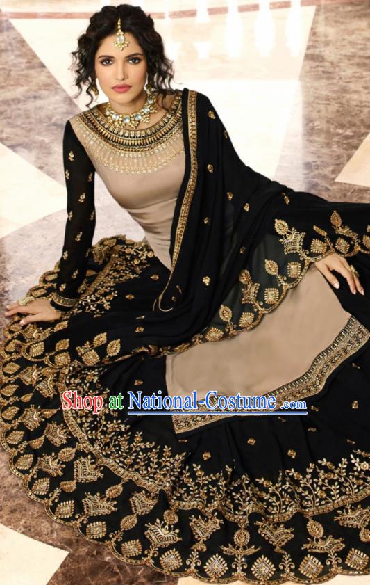 Asian Indian Punjabis Khaki Satin Blouse and Black Skirt India Traditional Lehenga Choli Costumes Complete Set for Women