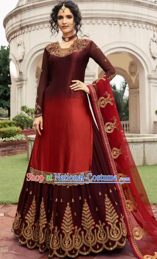 Asian Indian Punjabis Wine Red Satin Blouse and Skirt India Traditional Lehenga Choli Costumes Complete Set for Women