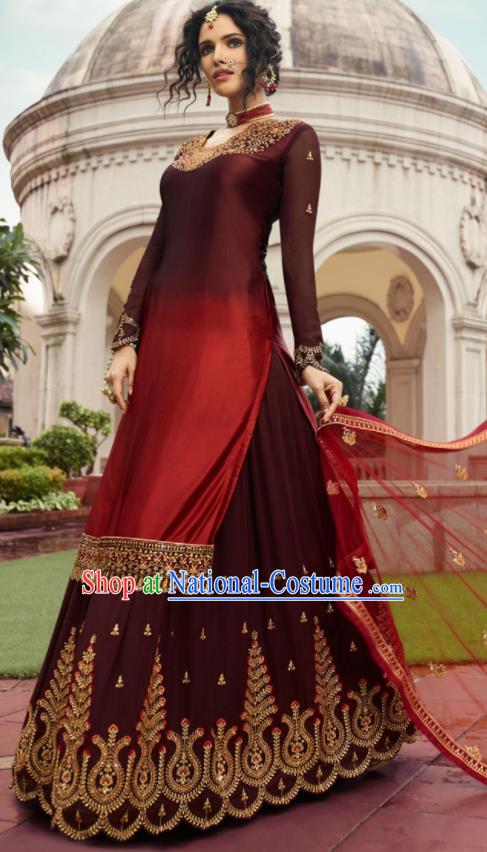 Asian Indian Punjabis Wine Red Satin Blouse and Skirt India Traditional Lehenga Choli Costumes Complete Set for Women