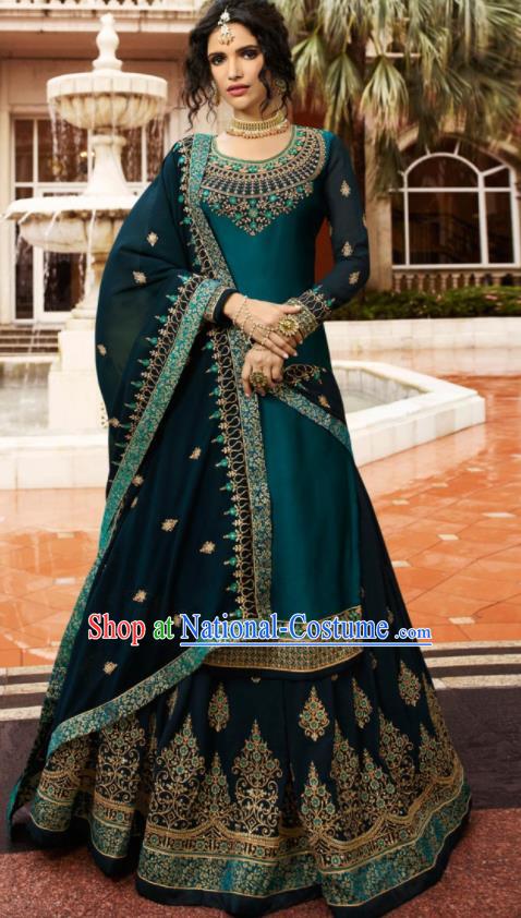 Asian Indian Punjabis Peacock Green Satin Blouse and Skirt India Traditional Lehenga Choli Costumes Complete Set for Women