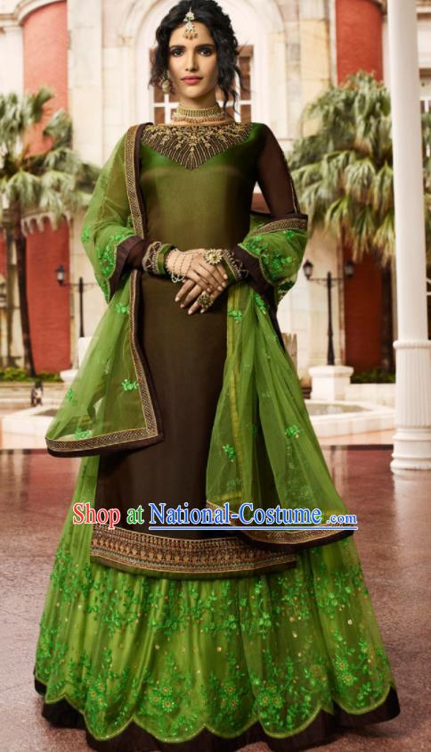 Asian Indian Punjabis Olive Green Satin Blouse and Skirt India Traditional Lehenga Choli Costumes Complete Set for Women