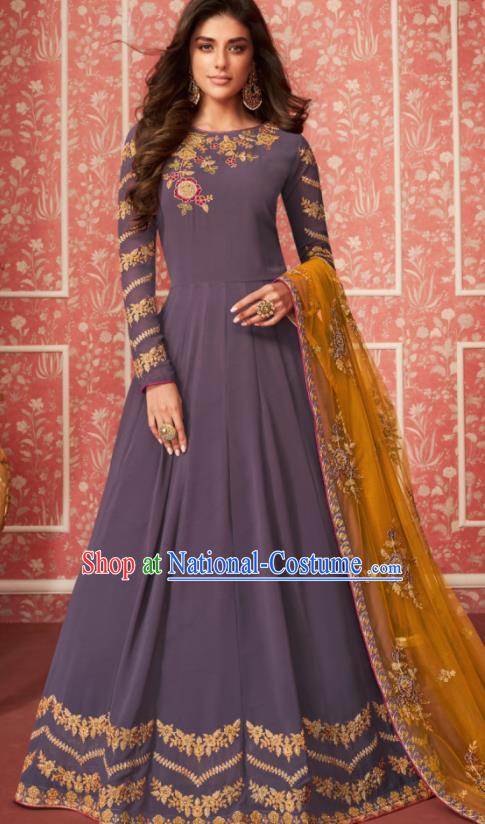 Indian Traditional Court Purple Georgette Anarkali Dress Asian India National Festival Costumes for Women