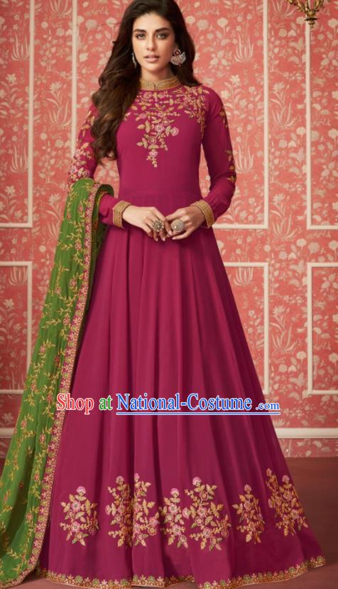 Indian Traditional Court Rosy Georgette Anarkali Dress Asian India National Festival Costumes for Women