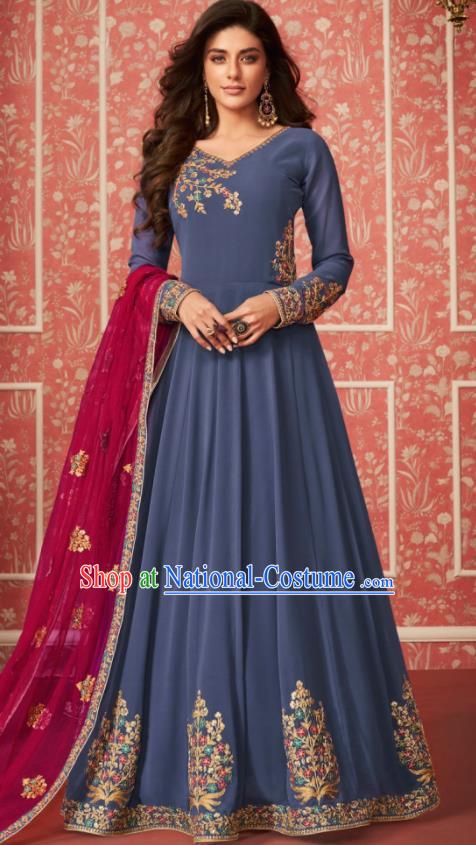 Indian Traditional Court Blue Georgette Anarkali Dress Asian India National Festival Costumes for Women