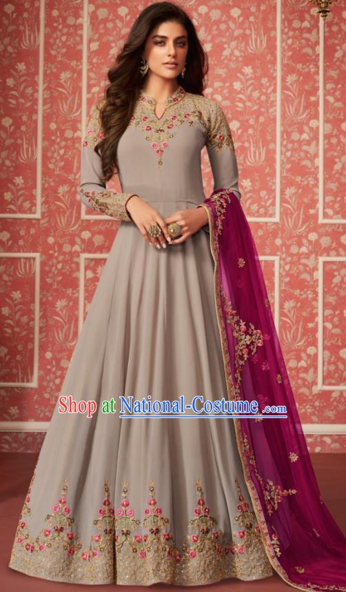 Indian Traditional Court Grey Georgette Anarkali Dress Asian India National Festival Costumes for Women