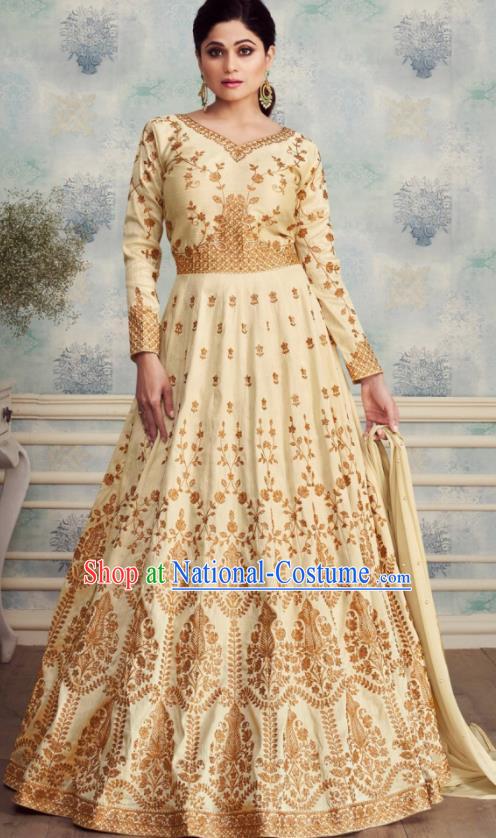 Indian Traditional Bollywood Court Light Yellow Silk Anarkali Dress Asian India National Festival Costumes for Women