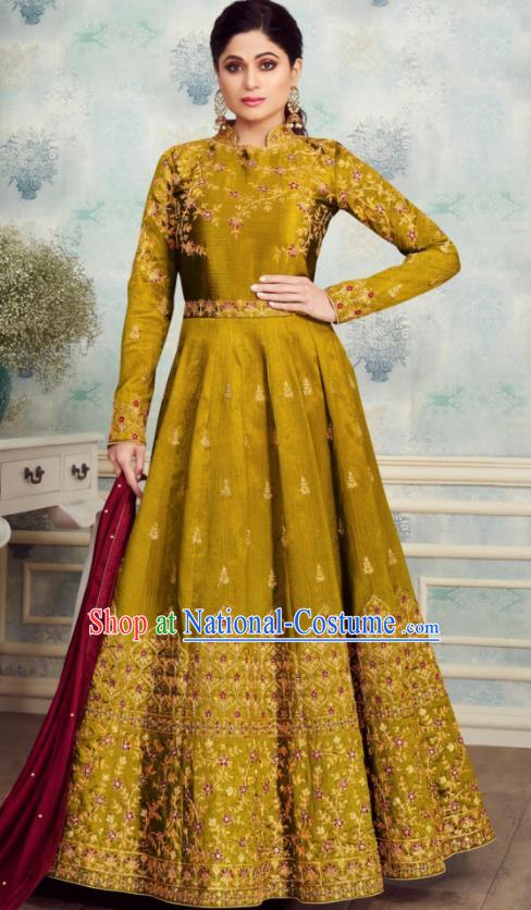 Indian Traditional Bollywood Court Ginger Silk Anarkali Dress Asian India National Festival Costumes for Women