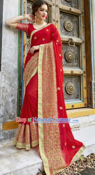 Indian Traditional Bollywood Court Red Georgette Sari Dress Asian India National Festival Costumes for Women