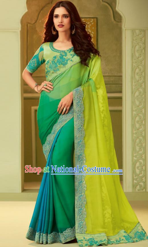 Indian Traditional Sari Bollywood Court Green Dress Asian India National Festival Costumes for Women