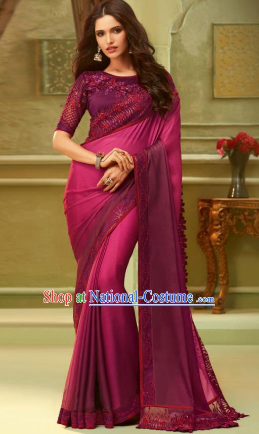 Indian Traditional Sari Bollywood Wine Red Silk Dress Asian India National Festival Costumes for Women