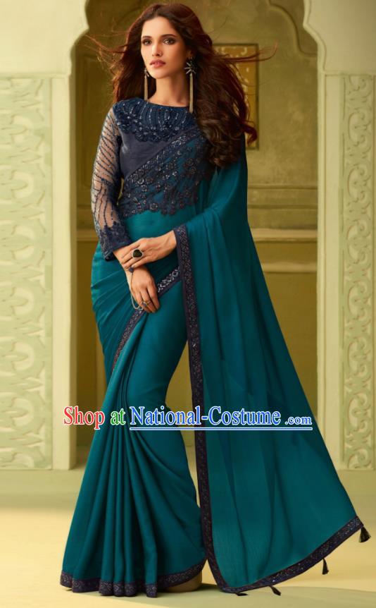 Indian Traditional Sari Bollywood Deep Green Silk Dress Asian India National Festival Costumes for Women