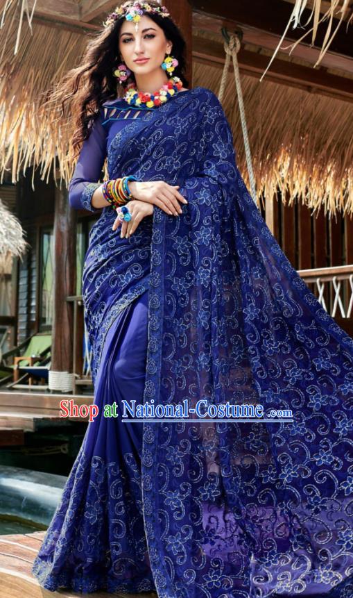 Indian Traditional Bollywood Court Embroidered Royalblue Georgette Sari Dress Asian India National Festival Costumes for Women