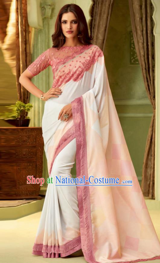 Indian Traditional Sari Bollywood White Silk Dress Asian India National Festival Costumes for Women