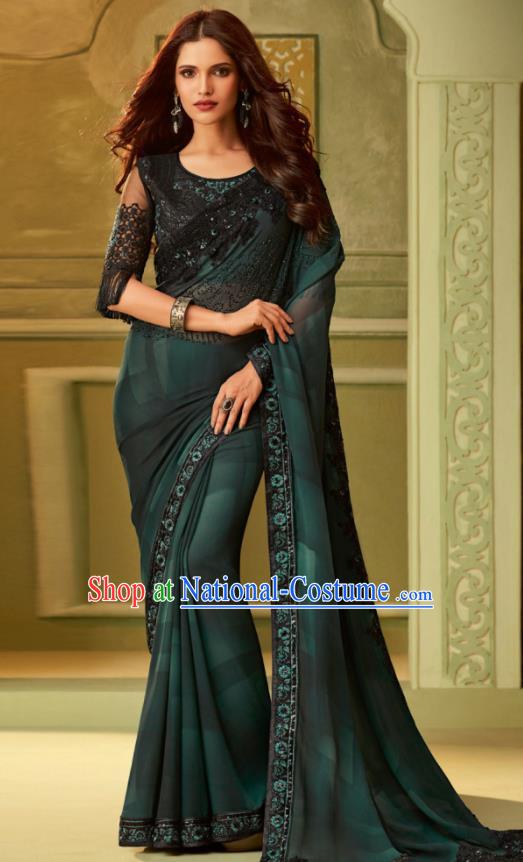 Indian Traditional Sari Bollywood Atrovirens Silk Dress Asian India National Festival Costumes for Women