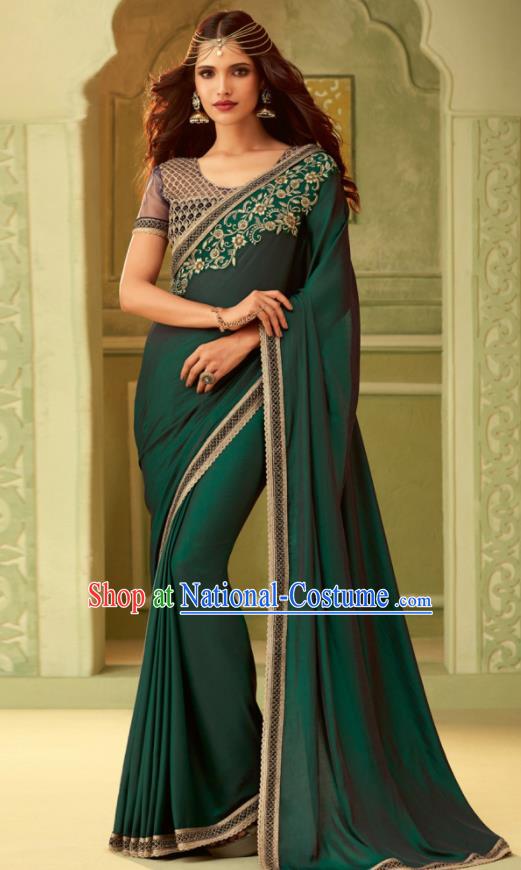 Indian Traditional Sari Bollywood Green Silk Dress Asian India National Festival Costumes for Women