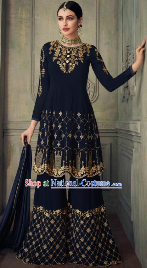 Asian Indian Punjabis Navy Blouse and Pants India Traditional Lehenga Choli Costumes Complete Set for Women