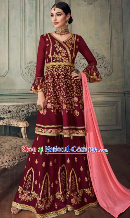 Asian Indian Punjabis Wine Red Blouse and Pants India Traditional Lehenga Choli Costumes Complete Set for Women