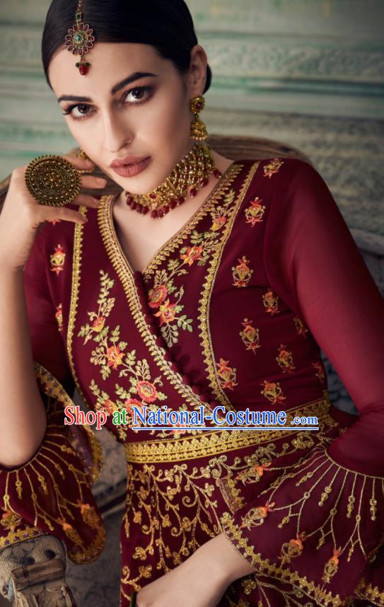 Asian Indian Punjabis Wine Red Blouse and Pants India Traditional Lehenga Choli Costumes Complete Set for Women