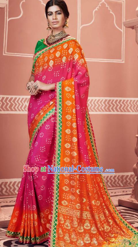 Indian Traditional Sari Bollywood Printing Rosy Dress Asian India National Festival Costumes for Women