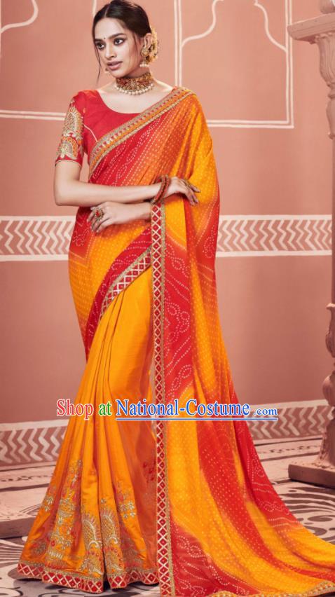 Indian Traditional Sari Bollywood Printing Orange Dress Asian India National Festival Costumes for Women