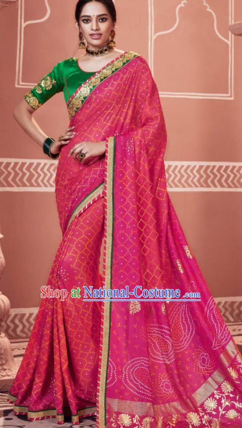 Indian Traditional Sari Bollywood Printing Rosy Dress Asian India National Festival Costumes for Women