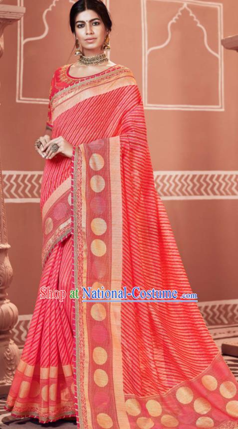 Indian Traditional Sari Bollywood Printing Pink Dress Asian India National Festival Costumes for Women