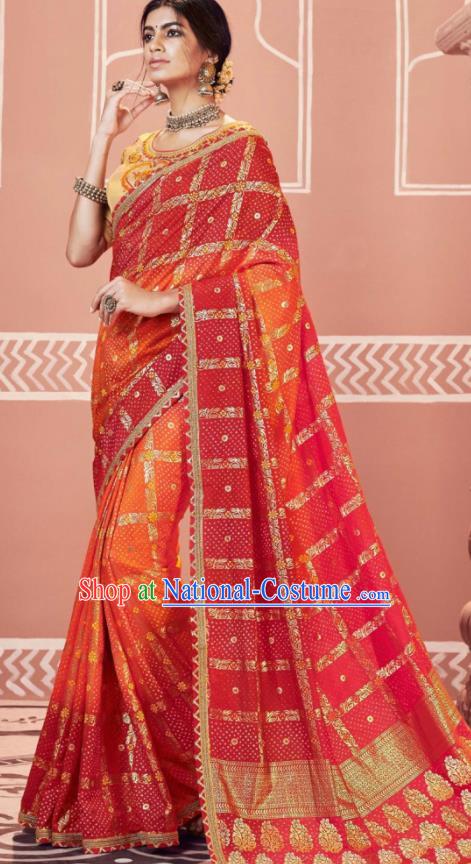 Indian Traditional Sari Bollywood Printing Red Dress Asian India National Festival Costumes for Women