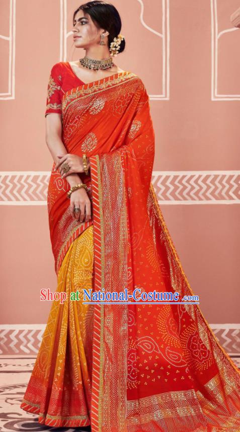 Indian Traditional Sari Bollywood Wedding Printing Red Dress Asian India National Festival Costumes for Women