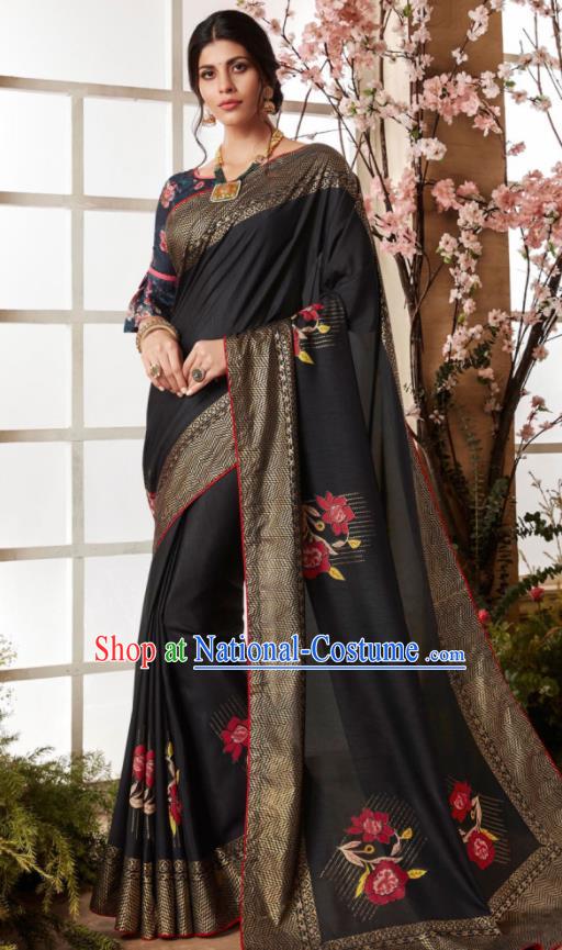 Indian Traditional Bollywood Sari Black Dress Asian India National Festival Costumes for Women