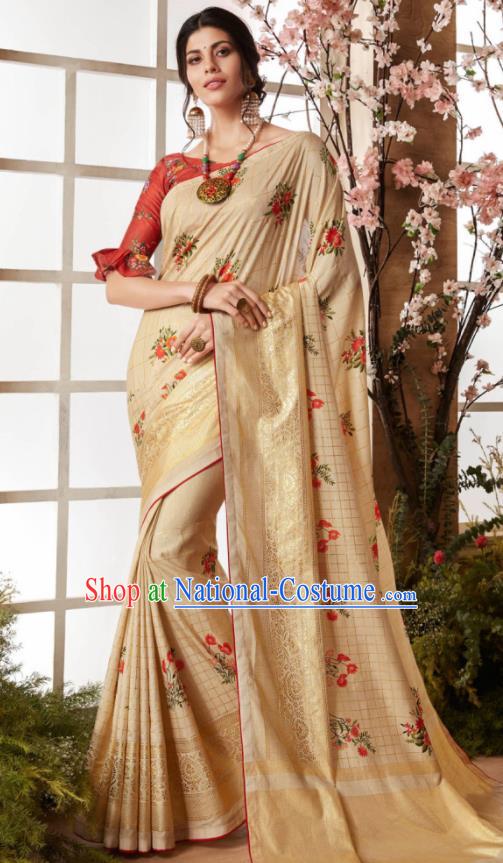 Indian Traditional Bollywood Sari Apricot Dress Asian India National Festival Costumes for Women