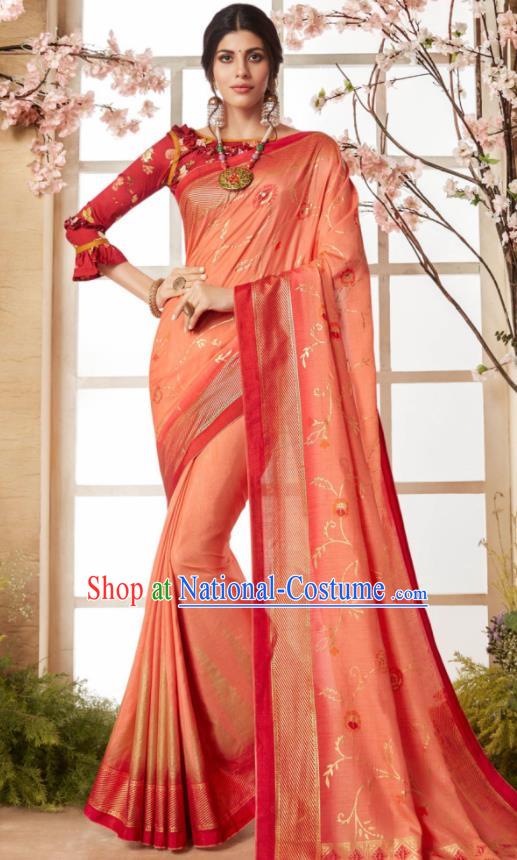 Indian Traditional Bollywood Sari Peach Pink Dress Asian India National Festival Costumes for Women