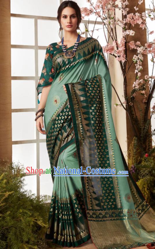 Indian Traditional Bollywood Sari Light Green Dress Asian India National Festival Costumes for Women