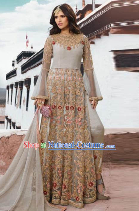 Asian Indian Embroidered Grey Blouse and Pants India Traditional Lehenga Choli Costumes Complete Set for Women