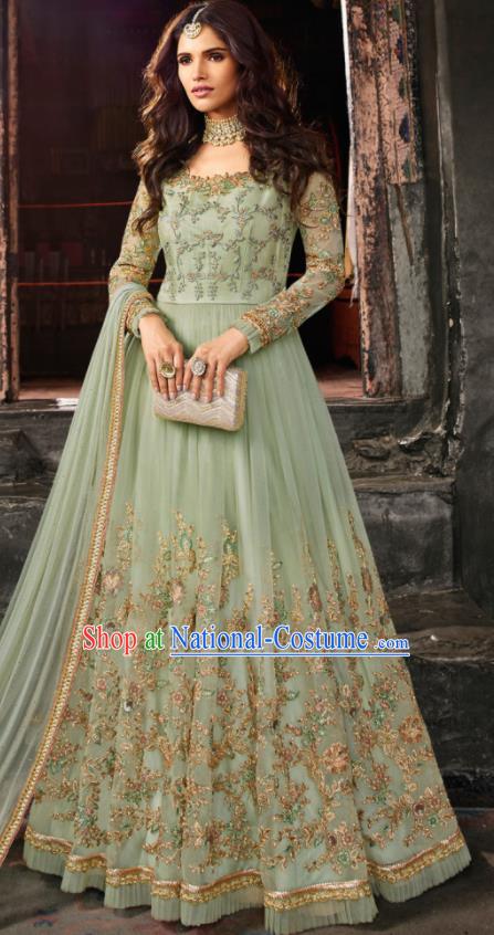 Asian Indian Embroidered Green Blouse and Pants India Traditional Lehenga Choli Costumes Complete Set for Women