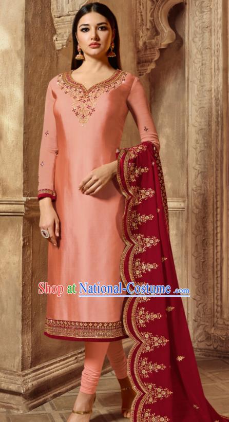 Asian Indian Traditional Embroidered Pink Satin Blouse and Pants India Punjabis Lehenga Choli Costumes Complete Set for Women