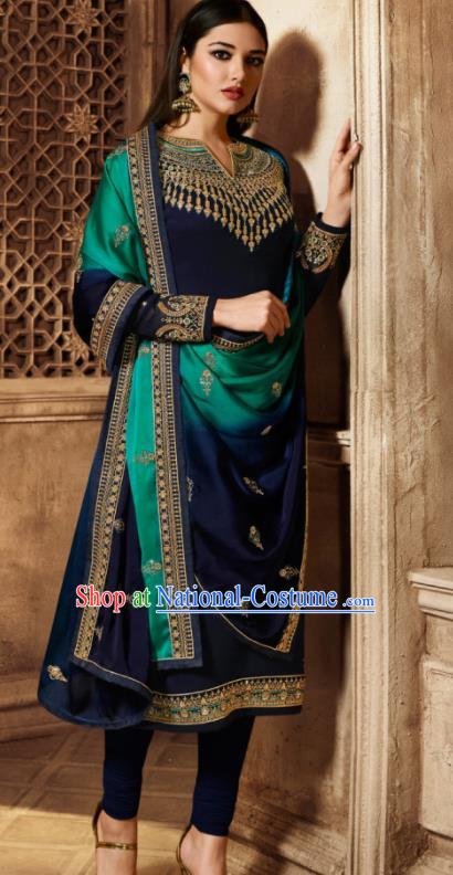 Asian Indian Traditional Embroidered Navy Satin Blouse and Pants India Punjabis Lehenga Choli Costumes Complete Set for Women