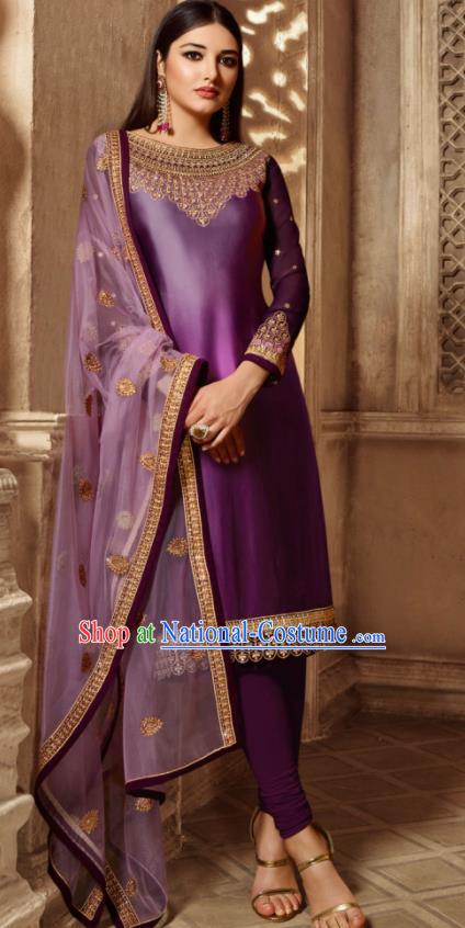 Asian Indian Traditional Embroidered Purple Satin Blouse and Pants India Punjabis Lehenga Choli Costumes Complete Set for Women