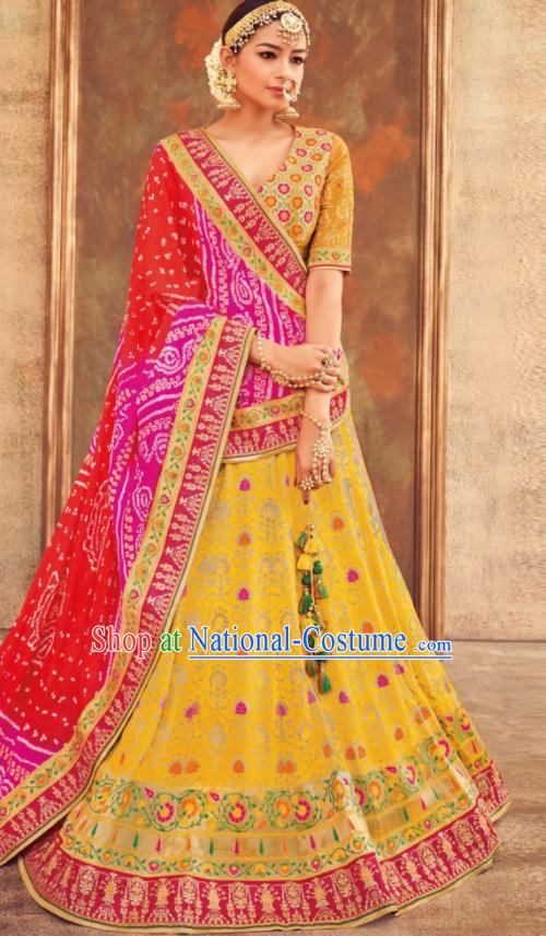 Indian Traditional Bollywood Lehenga Yellow Banarasi Silk Dress Asian India National Festival Costumes for Women