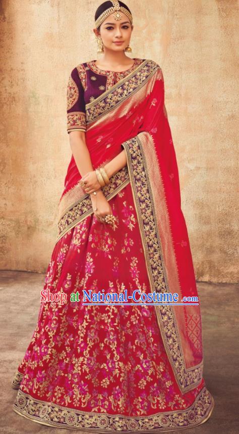 Indian Traditional Bollywood Lehenga Red Banarasi Silk Dress Asian India National Festival Costumes for Women