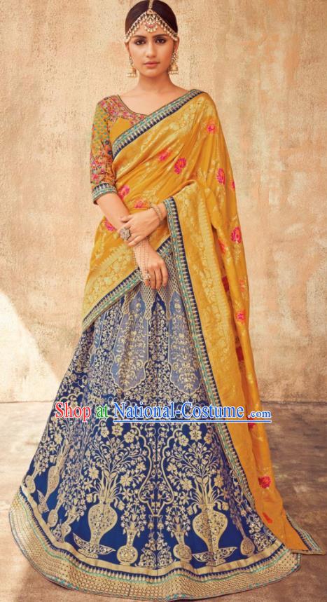 Indian Traditional Bollywood Lehenga Royalblue Banarasi Silk Dress Asian India National Festival Costumes for Women