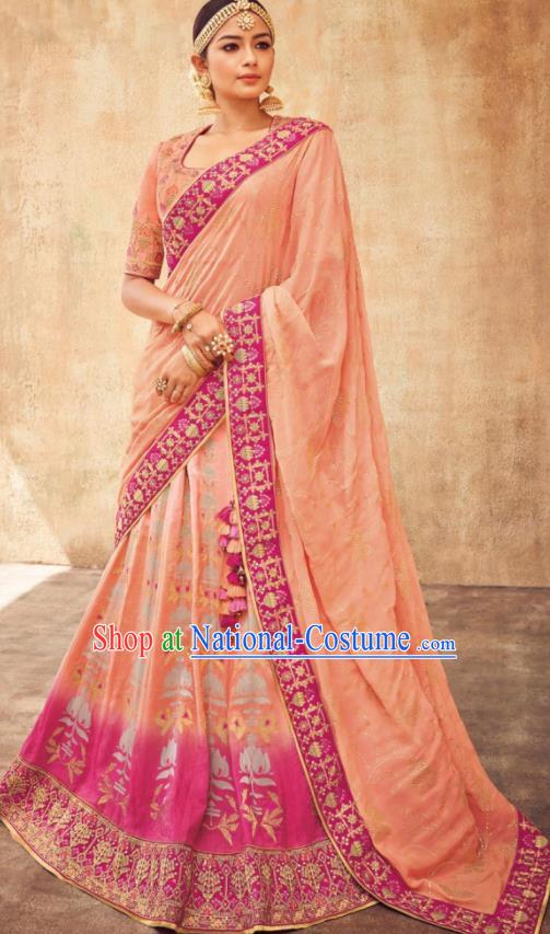 Indian Traditional Bollywood Lehenga Pink Banarasi Silk Dress Asian India National Festival Costumes for Women